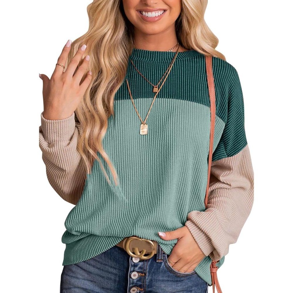 Women's Fashion Color Block Long Sleeve Crewneck Knitted Casual Loose Pullover